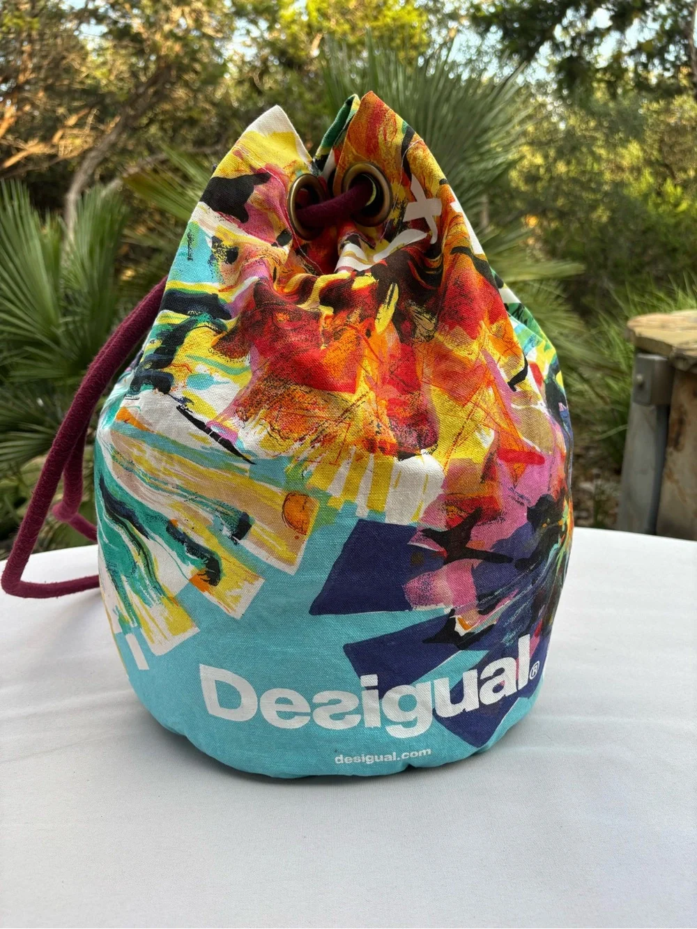 Desigual Multicolor Canvas Drawstring Backpack with Maroon Rope